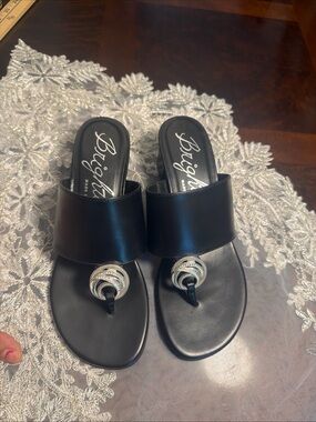 Brighton Black Leather Slip-On Mules with Silver Ring Detail